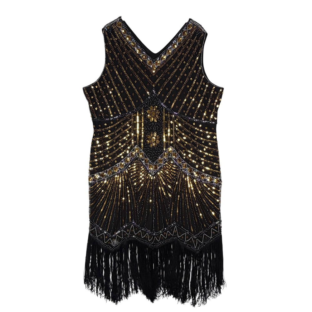 Babeyond Womens 5XL Black Gold Sequin Fringe Flapper Dress Art Deco Gatsby Party